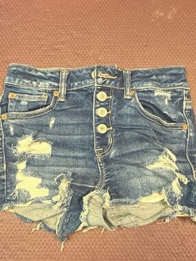 American Eagle Outfitters Distressed Dark Blue Button-Front Jean Shorts